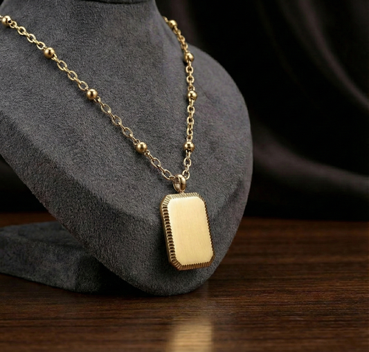 Ketting met Rechthoekige Hanger & Bolletjesketting - Graveerbaar - Goud