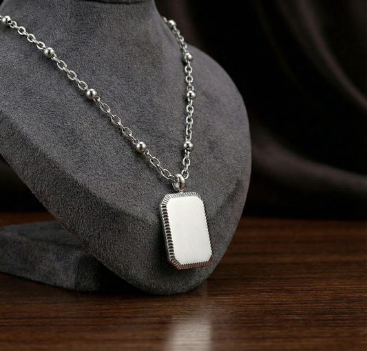 Ketting met Rechthoekige Hanger & Bolletjesketting - Graveerbaar - Zilver