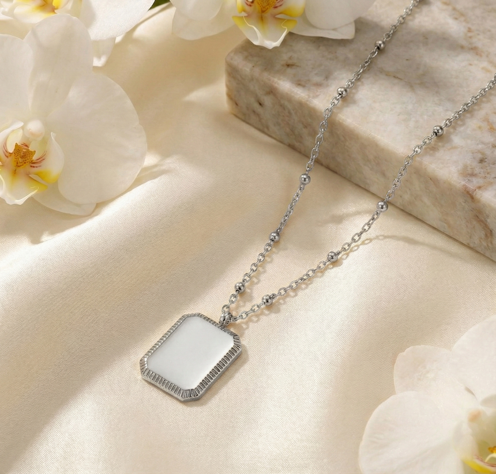 Ketting met Rechthoekige Hanger & Bolletjesketting - Graveerbaar - Zilver